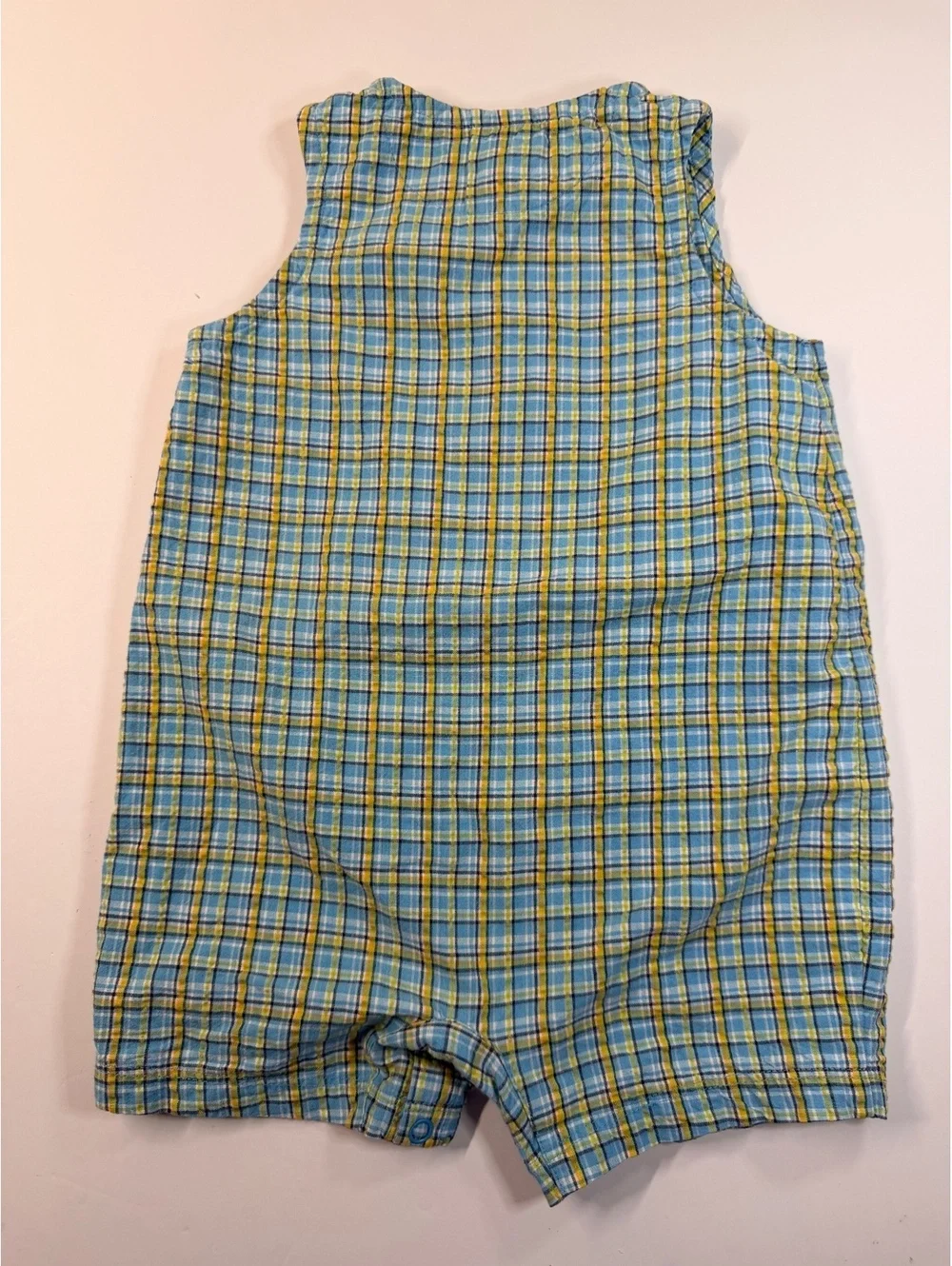 Vintage Healthtex Baby Boys Plaid Fish Romper Shortall Blue Yellow 12-18M
